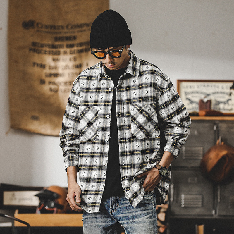 杰雷諾美式復古格子襯衫男長袖2024新款色織提花磨毛襯衣男士上衣