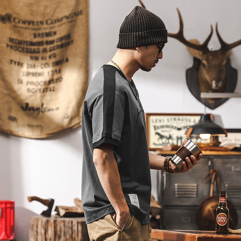 美式復古重磅T恤男短袖2025新款夏季潮牌撞色袖寬鬆男士上衣T男裝