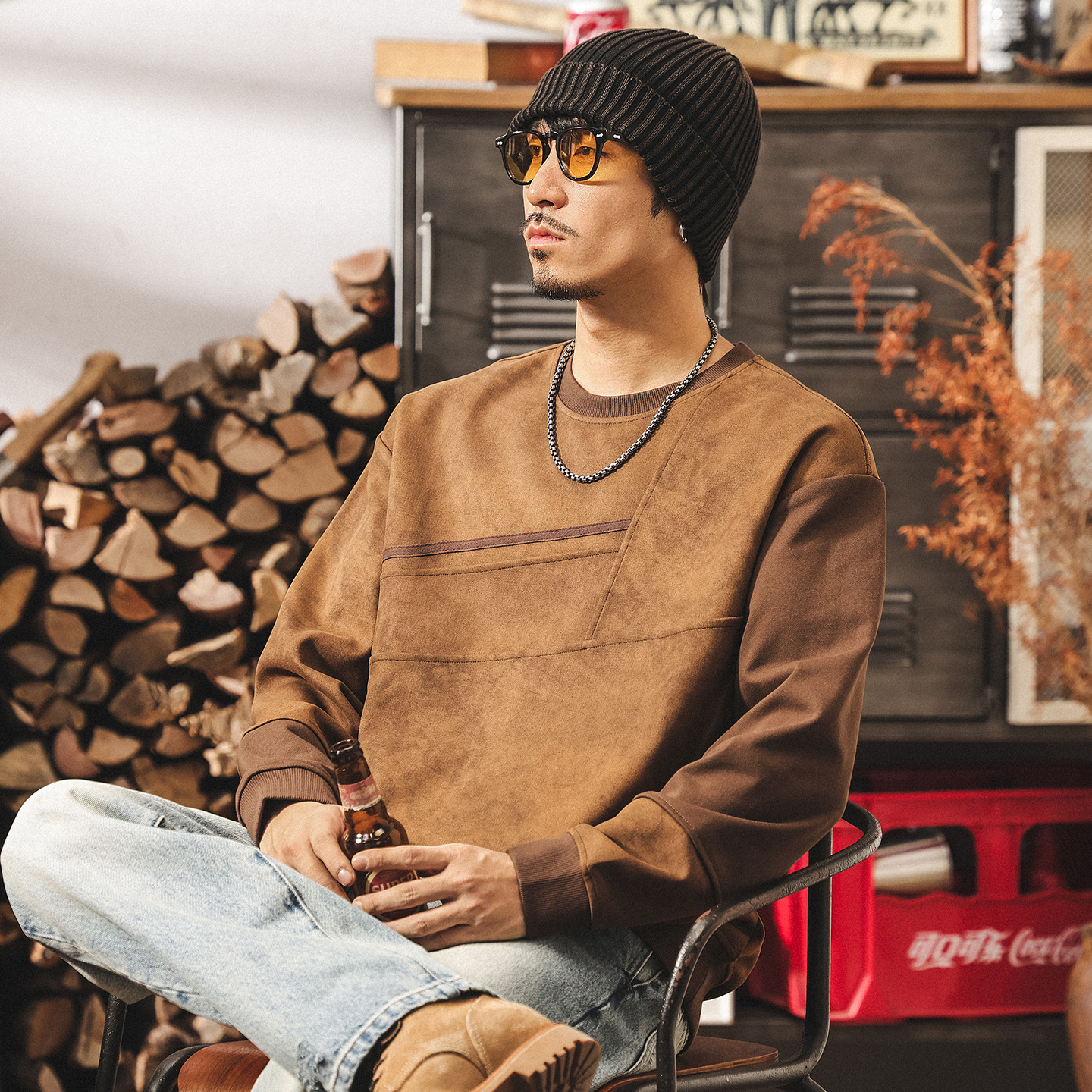 美式復古麂皮絨衛衣男春秋2025新款潮流設計感350g重磅寬鬆上衣男