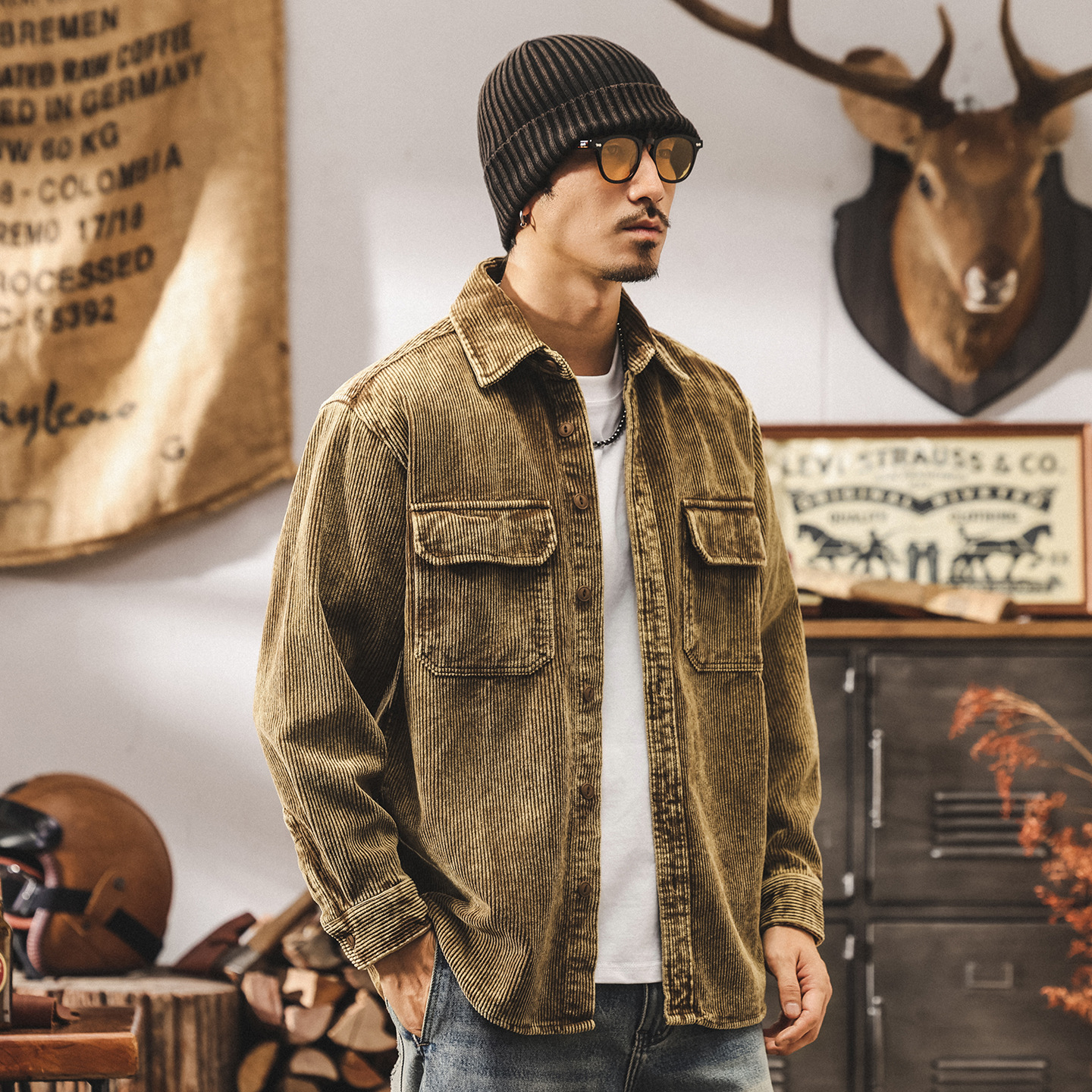 美式復古工裝襯衫男長袖春秋潮牌襯衣男寬鬆老錢風燈芯絨夾克外套
