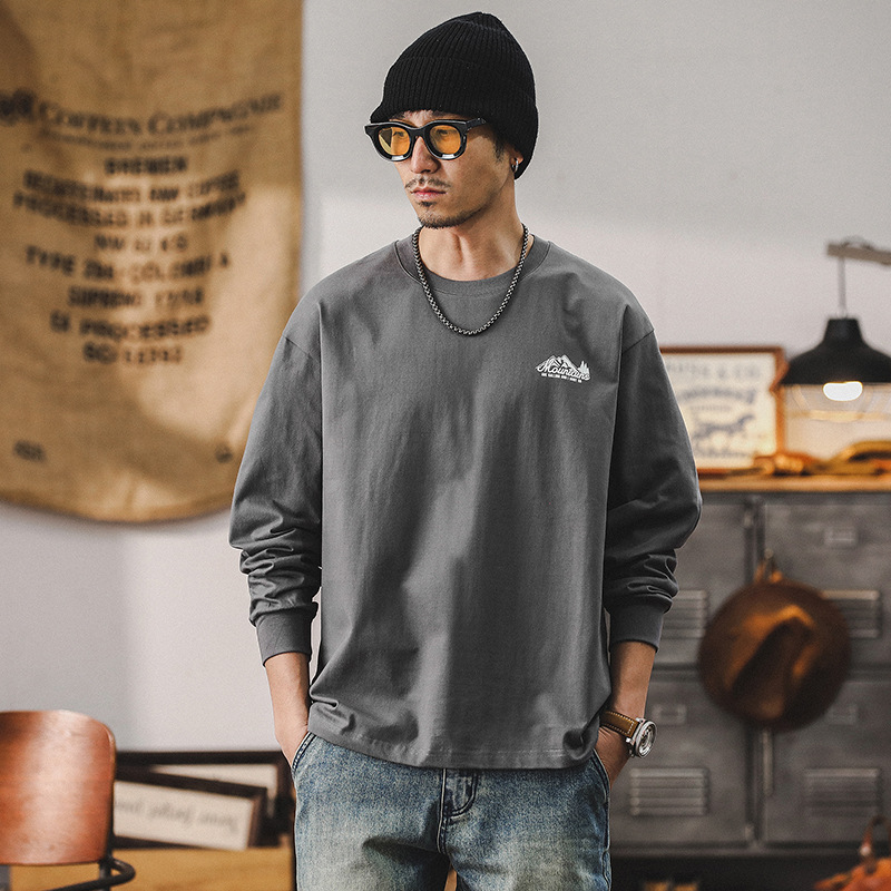 春季新款美式山系T恤男長袖寬鬆潮牌260g重磅男士上衣打底衫