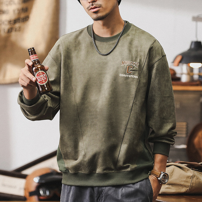 美式重磅麂皮絨衛衣男款秋季高級感潮牌衣服男士寬松休閑上衣外套