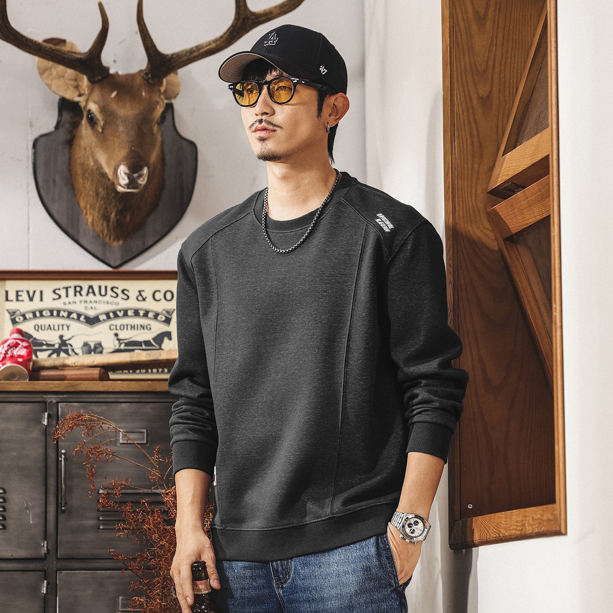 美式復古紫色衛衣男春秋2025新款拼接潮流長袖t恤男寬鬆秋季上衣