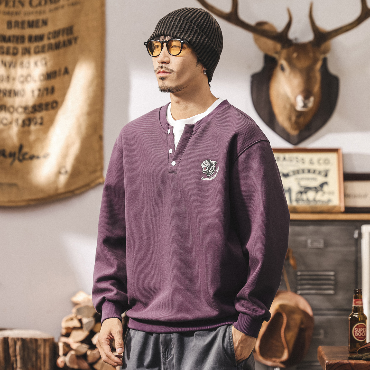 美式復古假兩件衛衣男潮牌2025新款春秋重磅寬鬆亨利領紫色上衣男