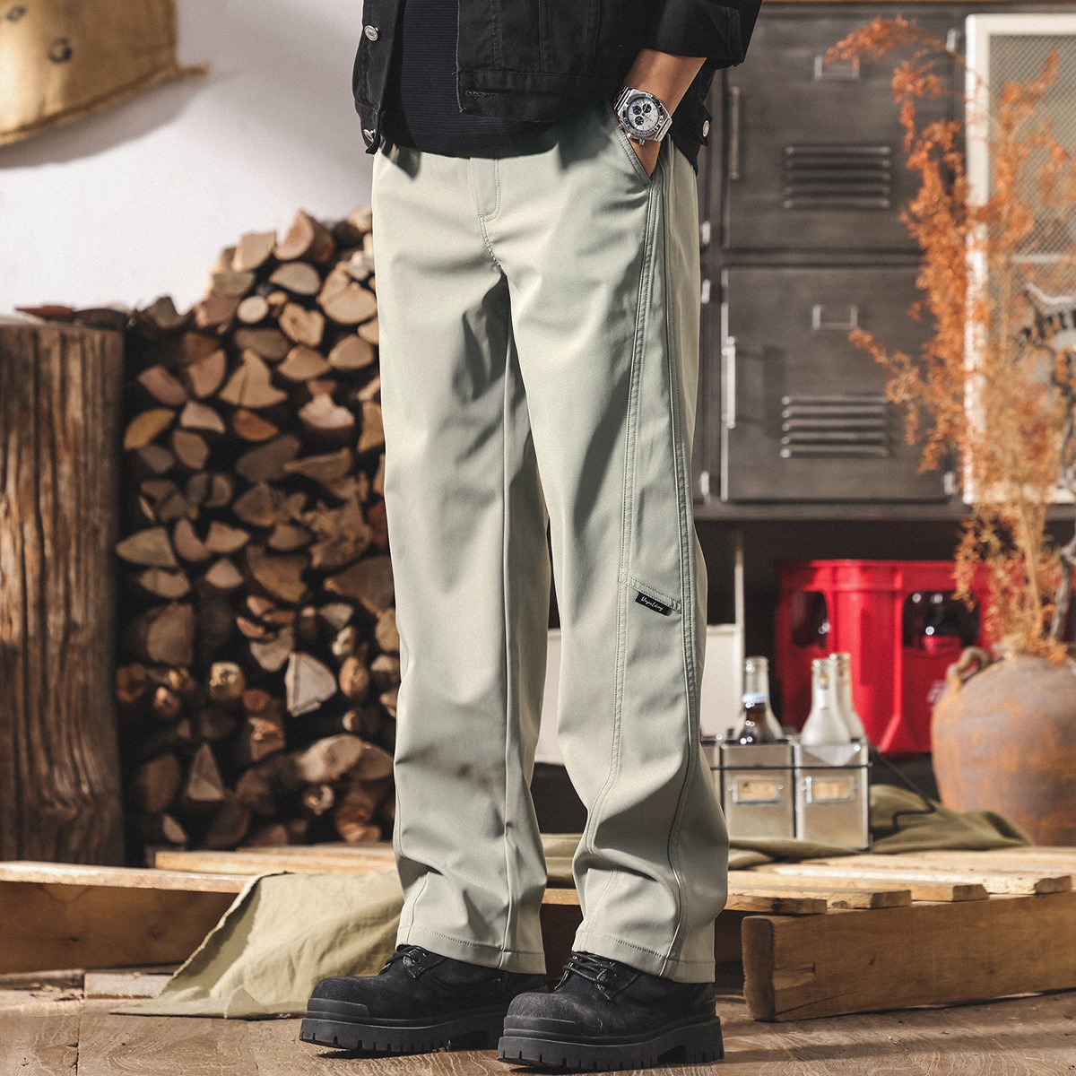 美式復古山系戶外工裝褲男冬季加厚直筒褲子加絨寬鬆男士休閒長褲