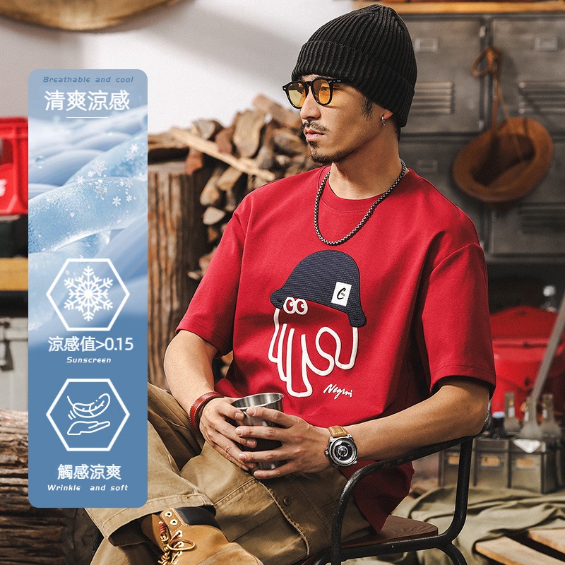 立體絨面印花40支涼感T恤男2025新款美式復古短袖男夏季寬鬆上衣