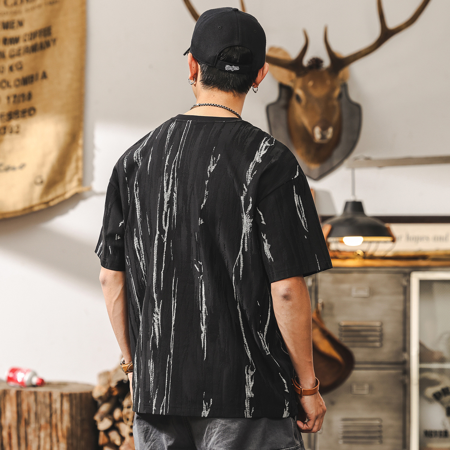 美式復古潮牌提花短袖T恤男夏季2025新款潮流高級感痞帥寬鬆上衣