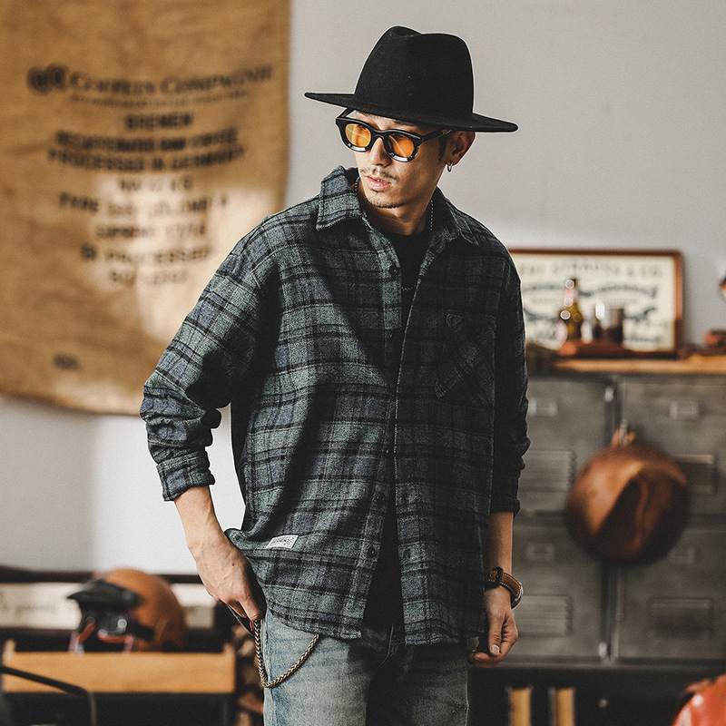 春季新款重磅色織格紋襯衫男長袖美式重磅復古2024新款春秋外套男