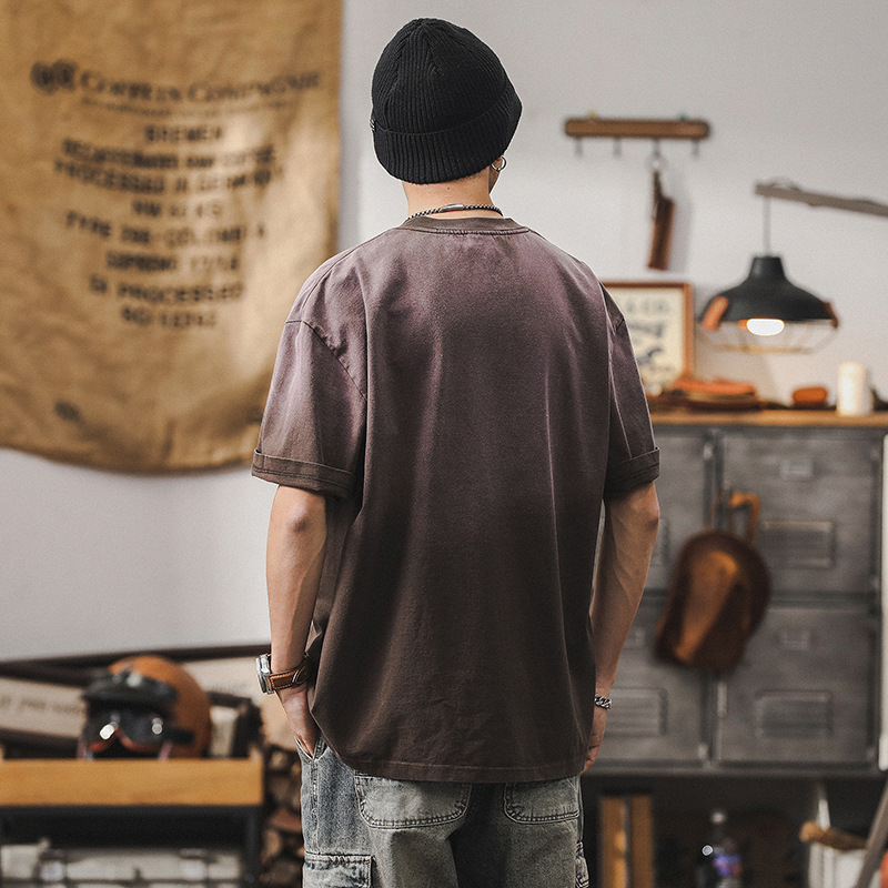 夏季咖色重磅T恤男短袖個性創意印花潮流男士半袖寬鬆上衣男