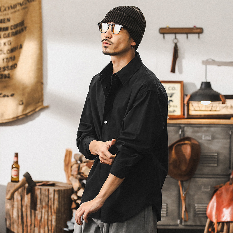 美式32支霧化精梳棉長袖襯衫男秋季上班通勤寬鬆休閒男士上衣襯衣