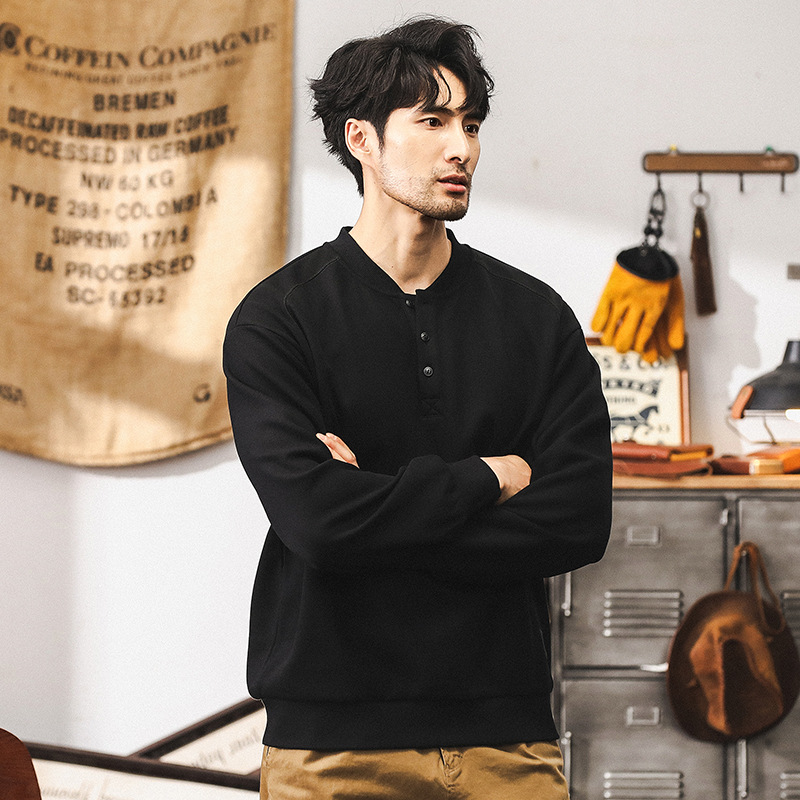 美式復古重磅衛衣男秋季潮牌亨利領半開衫外套男春秋款長袖POLO衫