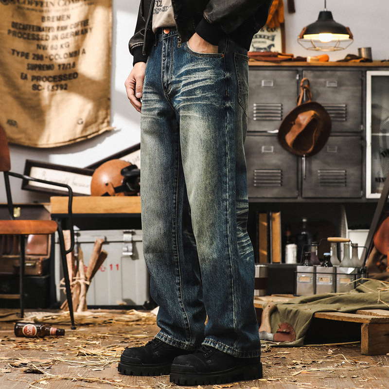 美式重磅復古牛仔褲男秋季寬鬆直筒立體貓鬚2024新款垂感休閒褲男