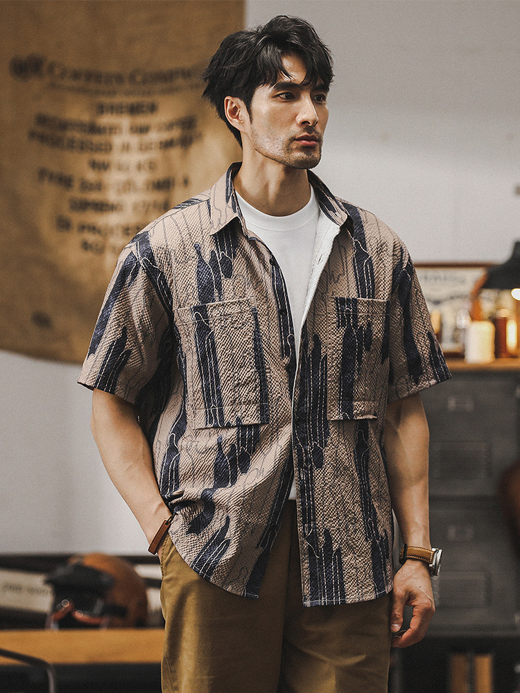 美式復古工裝襯衫男短袖夏季薄款寬鬆條紋夏威夷潮牌休閒男士襯衣