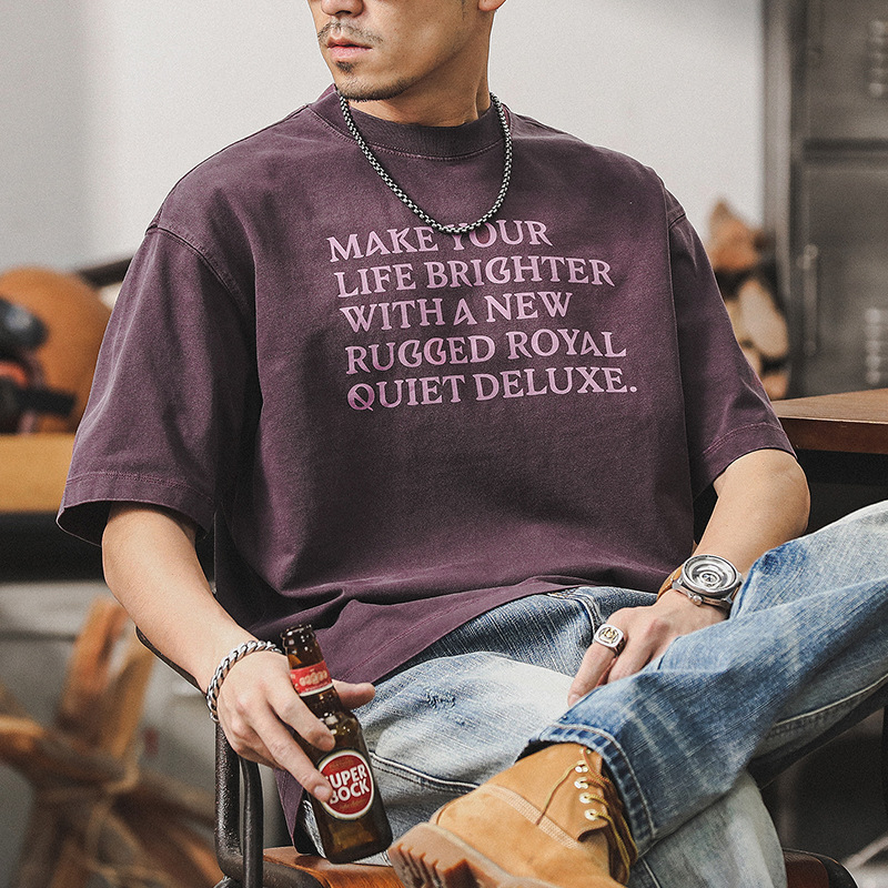 300g重磅T恤男短袖夏季美式復古水洗上衣寬鬆多巴胺紫色體恤