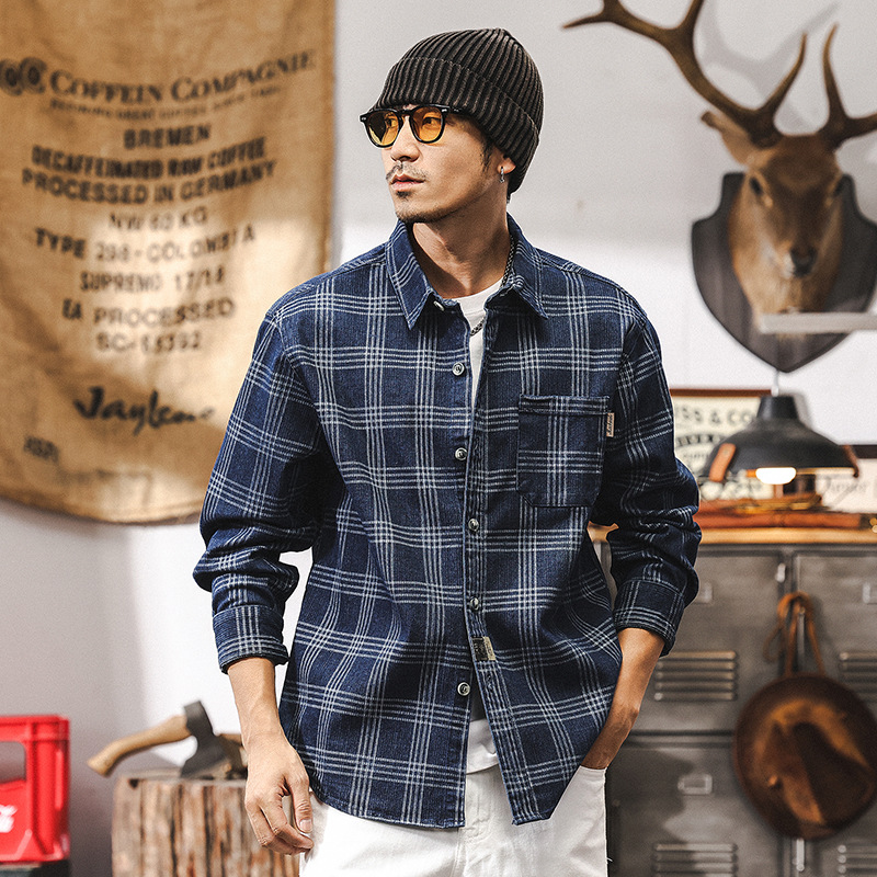 美式復古重磅格子襯衫男外套春季寬鬆大碼2025新款休閒夾克衫襯衣