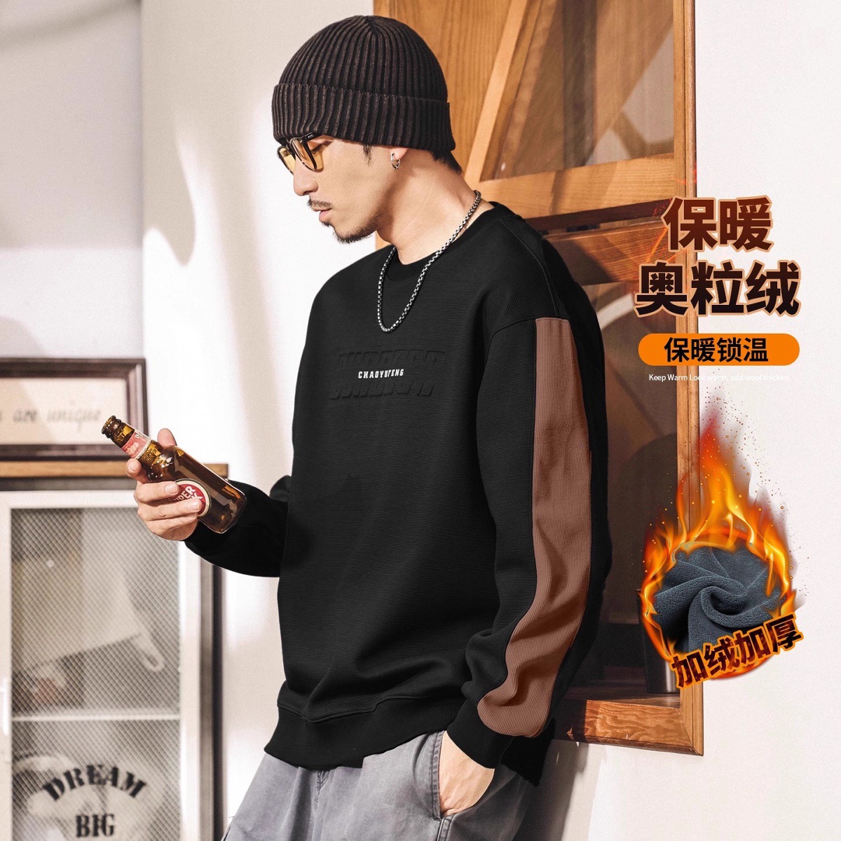 美式重磅復古加絨衛衣男冬季新款加厚潮牌立體鋼印寬鬆休閒上衣男