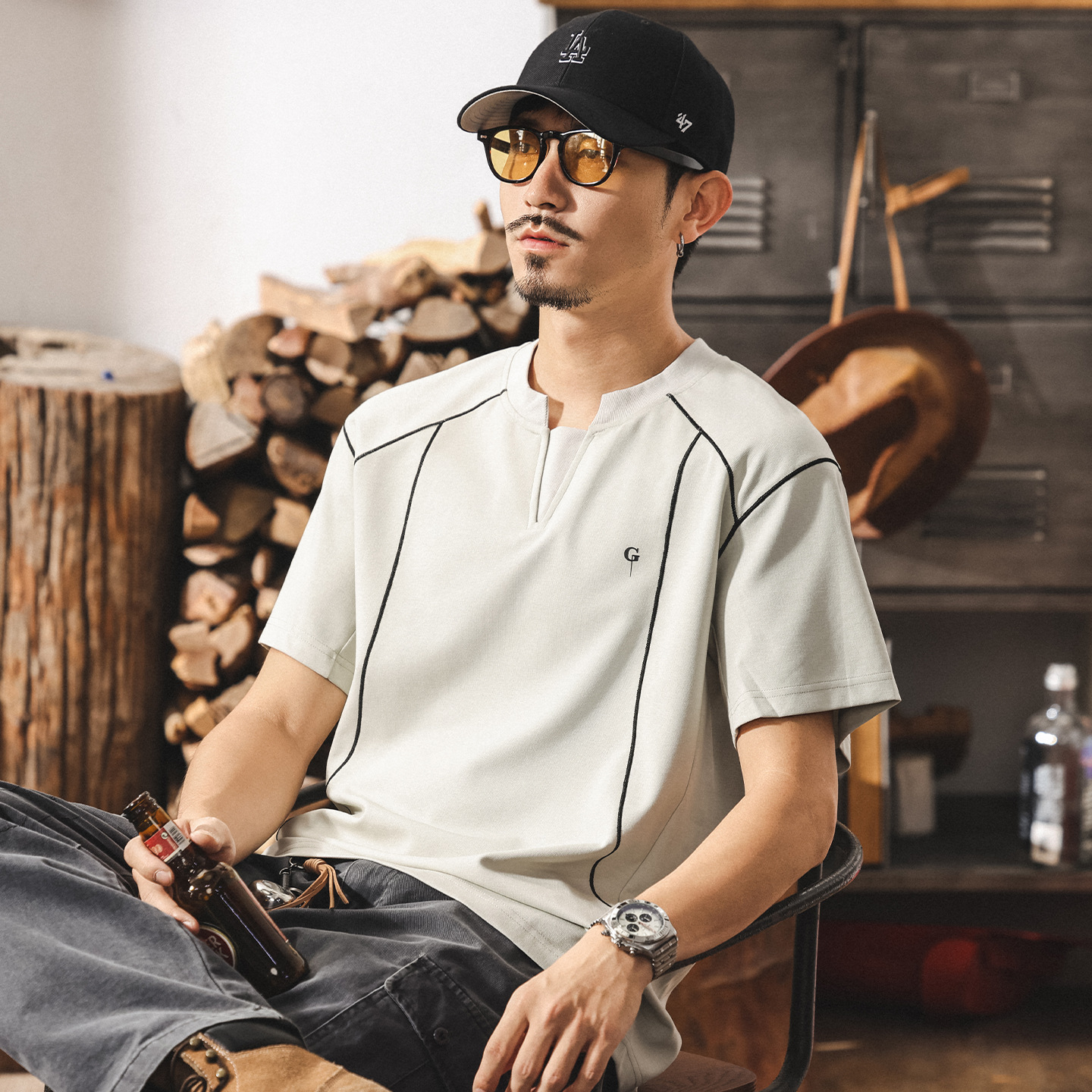 假兩件V領短袖t恤男夏季新款潮牌設計感拼接半袖體恤男士寬鬆上衣