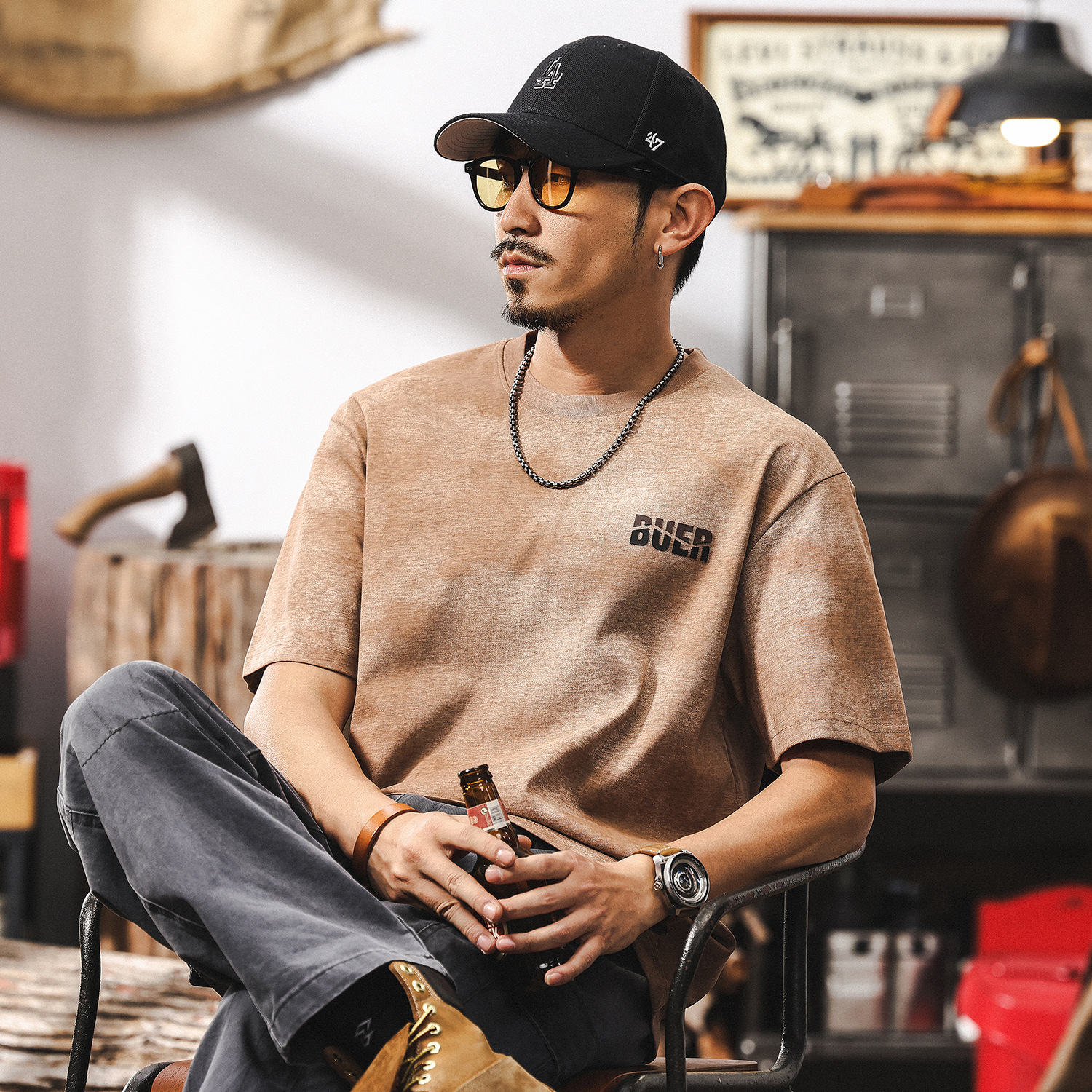 美式復古高級感雲染短袖T恤男夏季2025新款潮流寬鬆半截袖上衣男