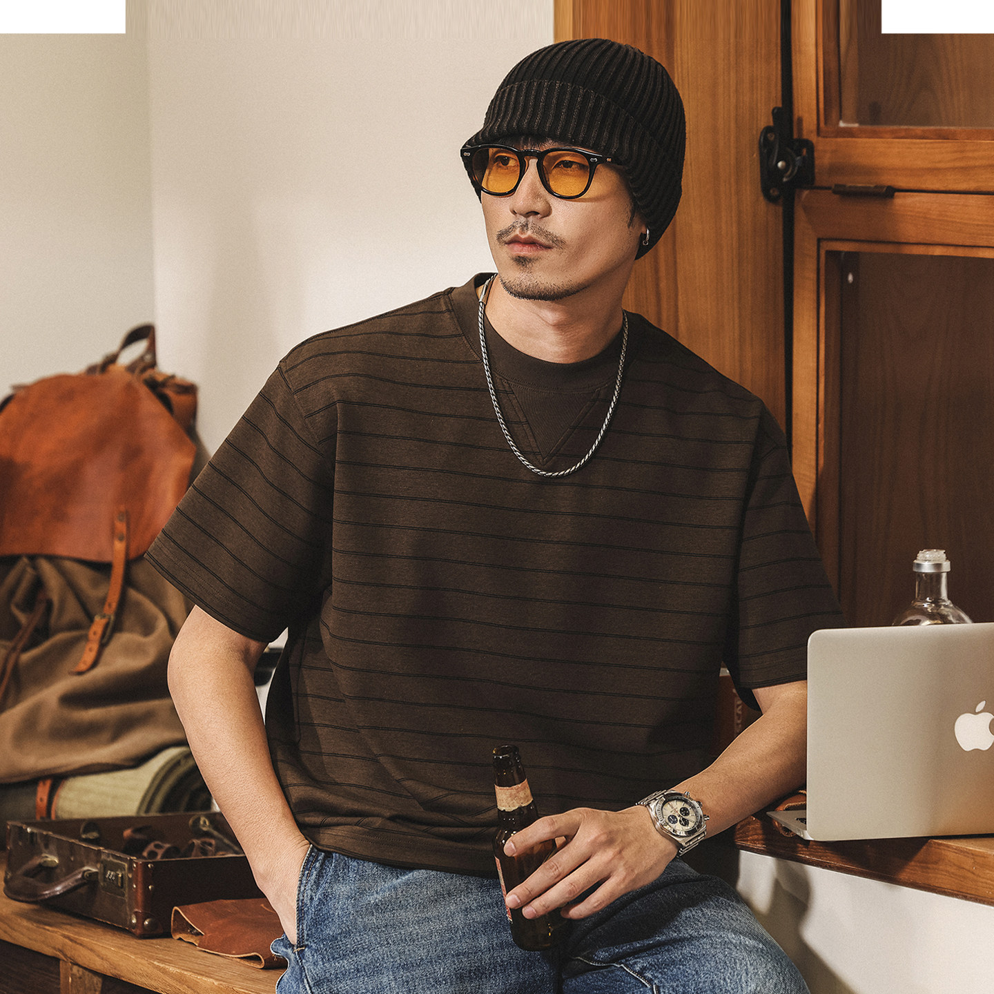 美式復古蘇陵棉短袖T恤男士夏季新款老錢風320g重磅條紋寬鬆上衣