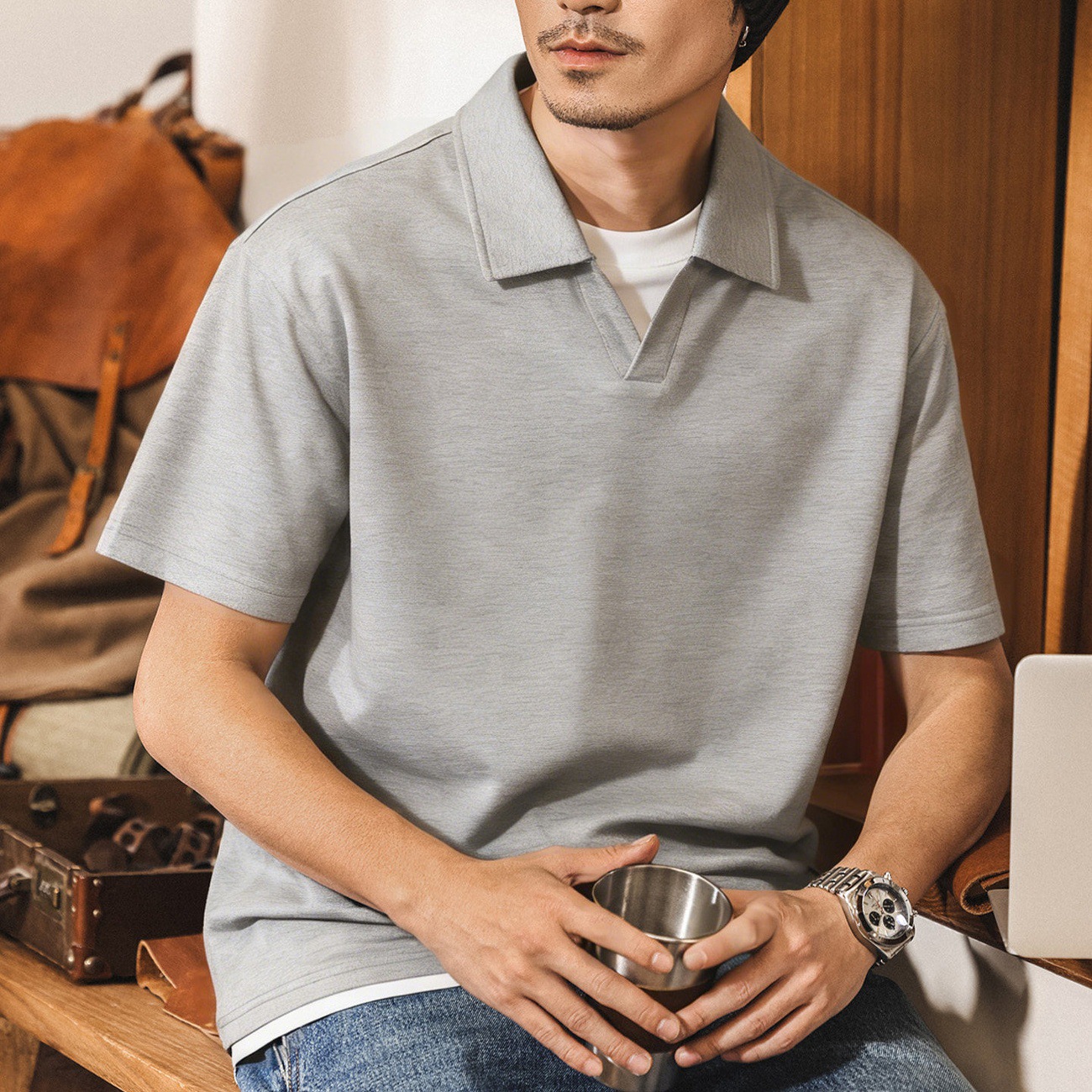 美式復古假兩件Polo衫男短袖2026新款夏季男裝寬鬆休閒潮牌T恤男