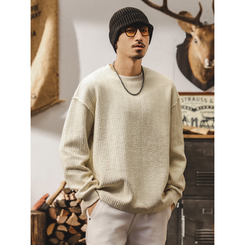 美式復古重磅t恤男長袖秋季潮牌空氣層衛衣男春秋寬鬆針織衫外套