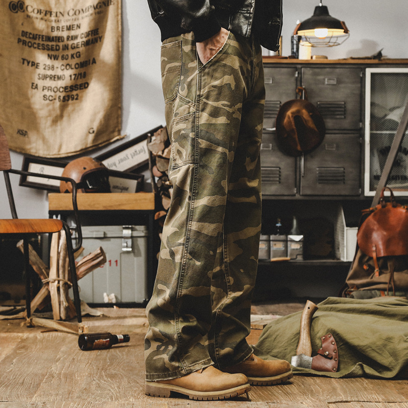 美式複古迷彩牛仔褲男秋季直筒痞帥潮流工裝褲子男戶外寬松休閑褲