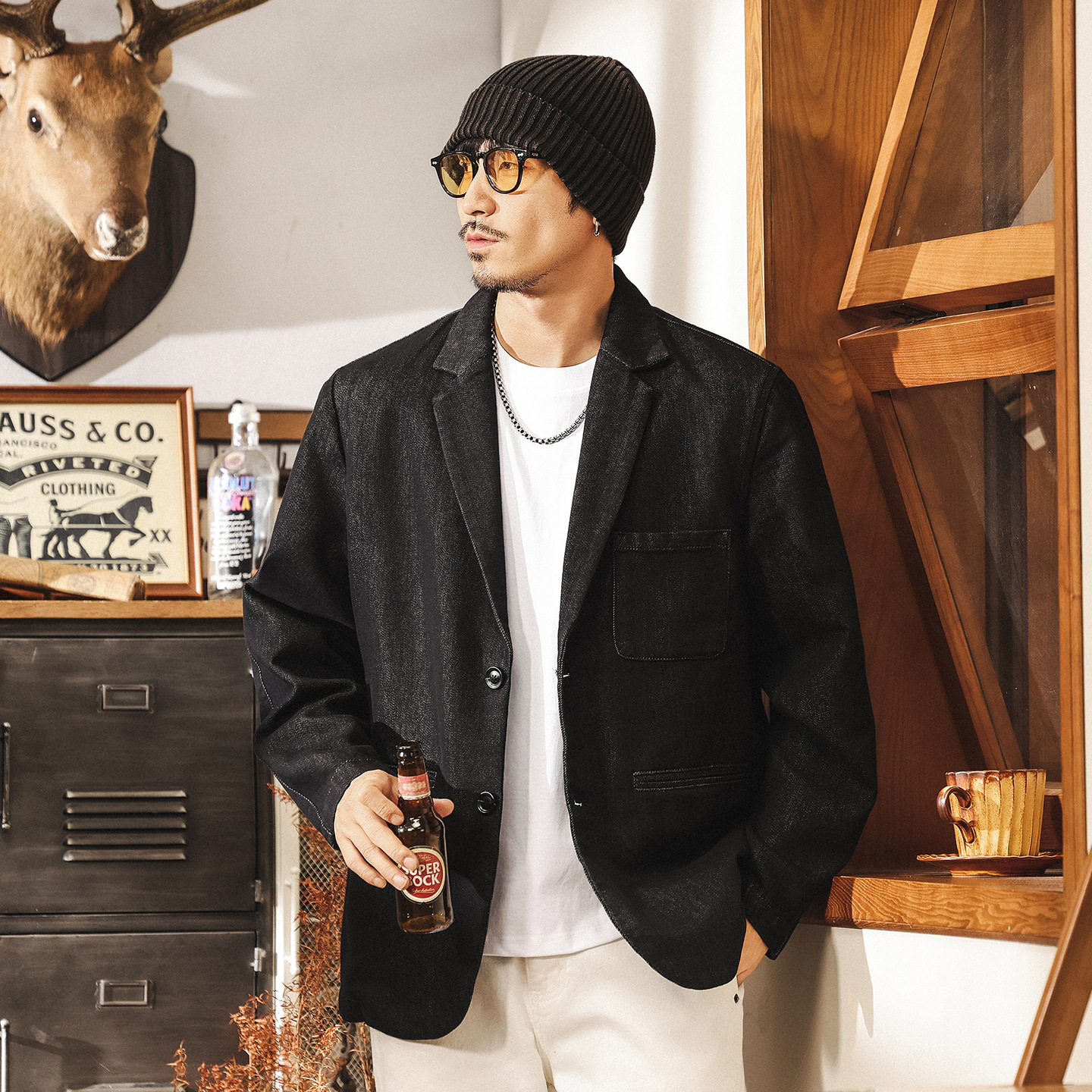 美式復古丹寧水洗西裝夾克牛仔外套男春秋輕熟通勤寬鬆休閒西服男