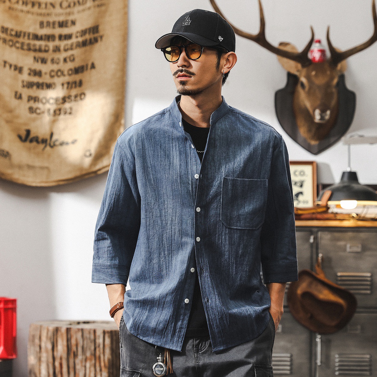 高級感棉麻七分袖襯衫男2025新款短袖男夏季薄款復古立領潮牌襯衣