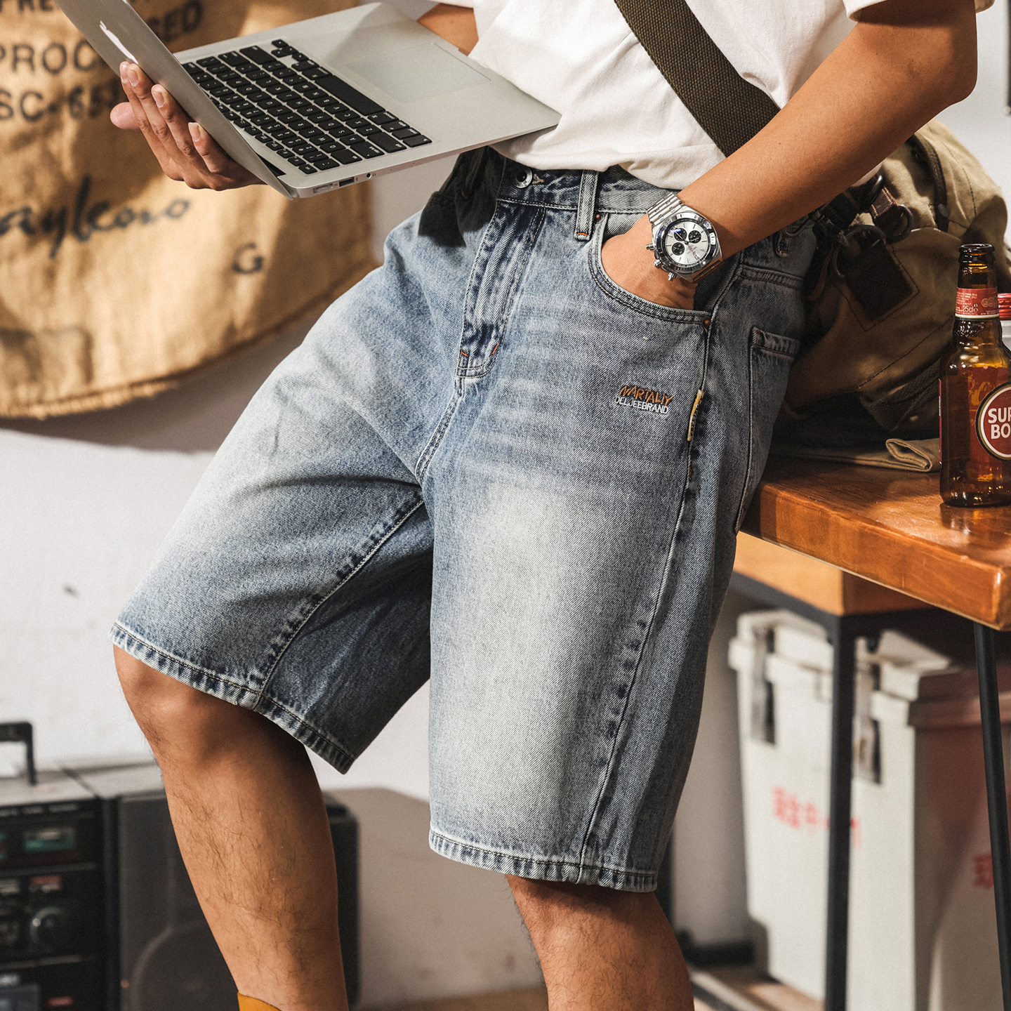 美式街頭潮牌牛仔短褲男夏季復古水洗大碼中褲寬鬆直筒男士五分褲