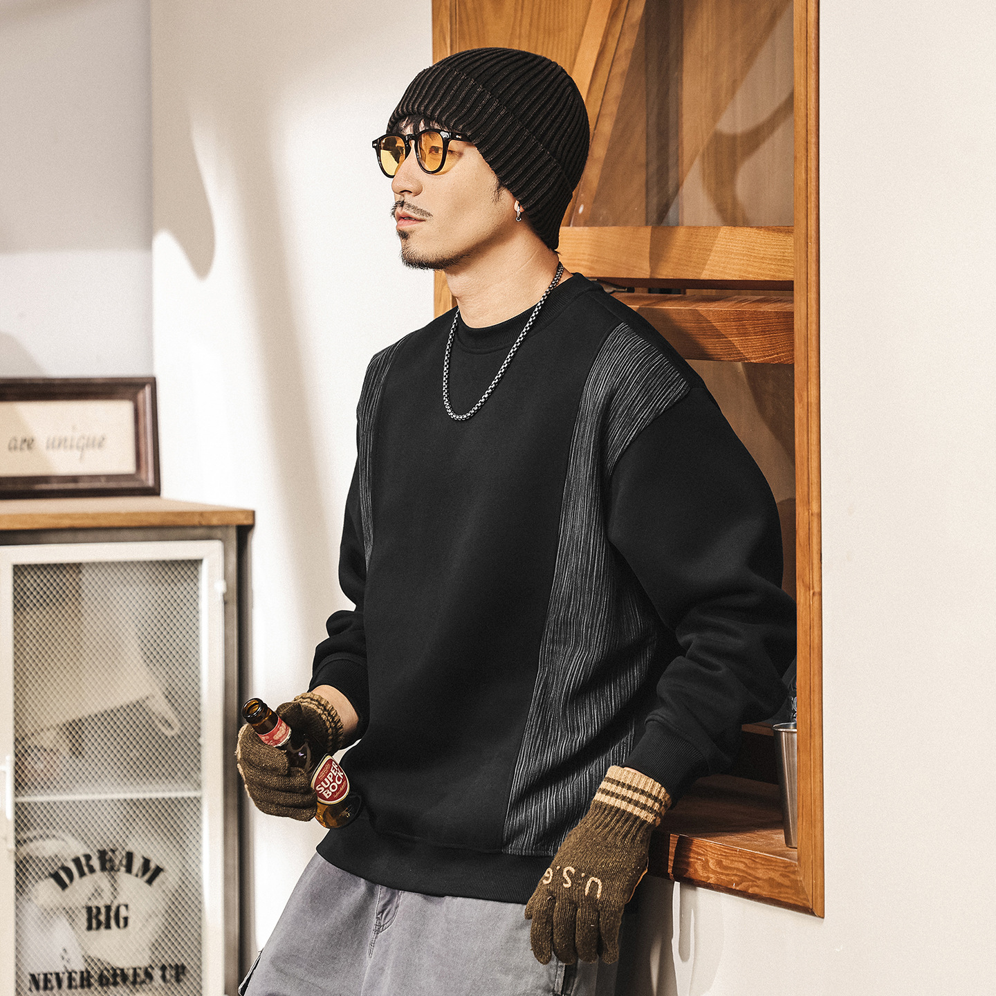 美式復古拼接設計感秋季重磅衛衣男2025新款春秋潮牌寬鬆男士上衣