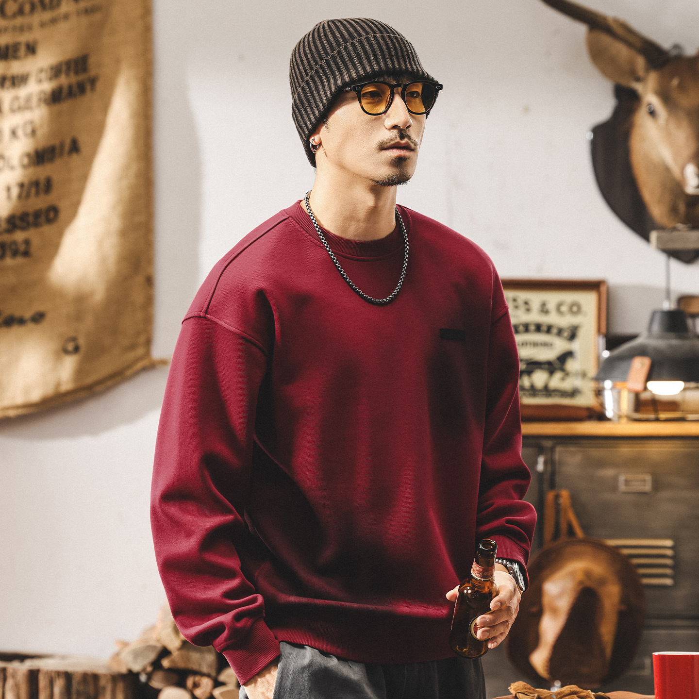 美式360g重磅衛衣男2025新款秋季寬鬆圓領安可拉紅復古春秋外套男