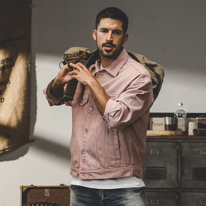 美式復古多巴胺粉色牛仔外套男士秋冬款潮流水洗阿蘇特工裝夾克男