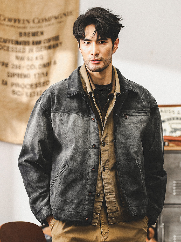 美式重磅複古牛仔外套男秋季潮牌機車阿美咔叽古著休閑工裝夾克男