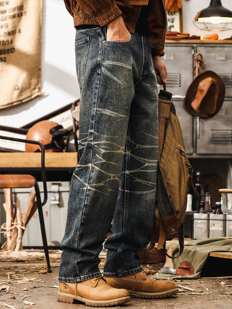 美式復古重磅直筒牛仔褲子男秋季潮牌2024新款設計感寬鬆休閒長褲