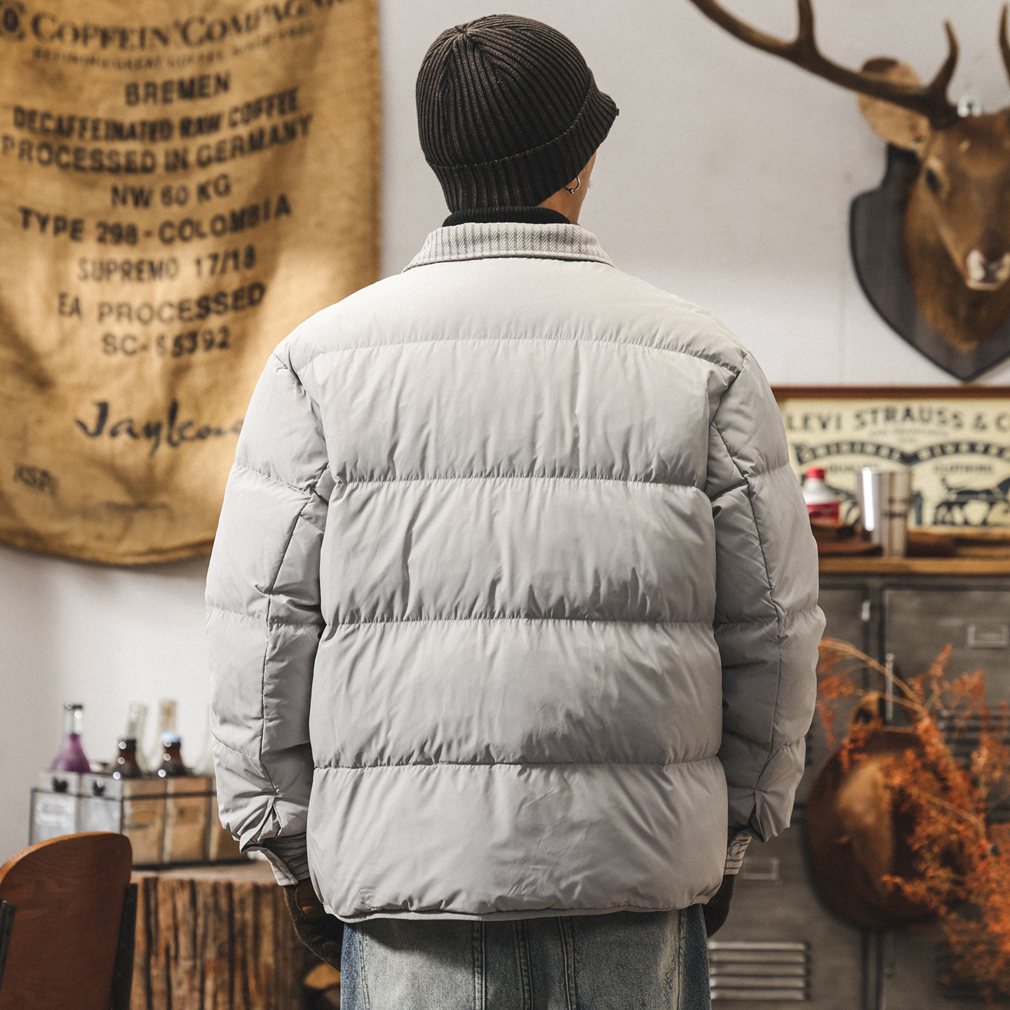 美式復古假兩件90純白鴨絨蓬鬆羽絨服男冬季加厚保暖麪包服外套男