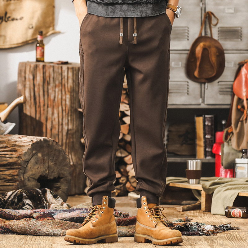 美式復古高級感空氣層抗皺休閒褲男秋冬款加絨潮牌寬鬆運動束腳褲