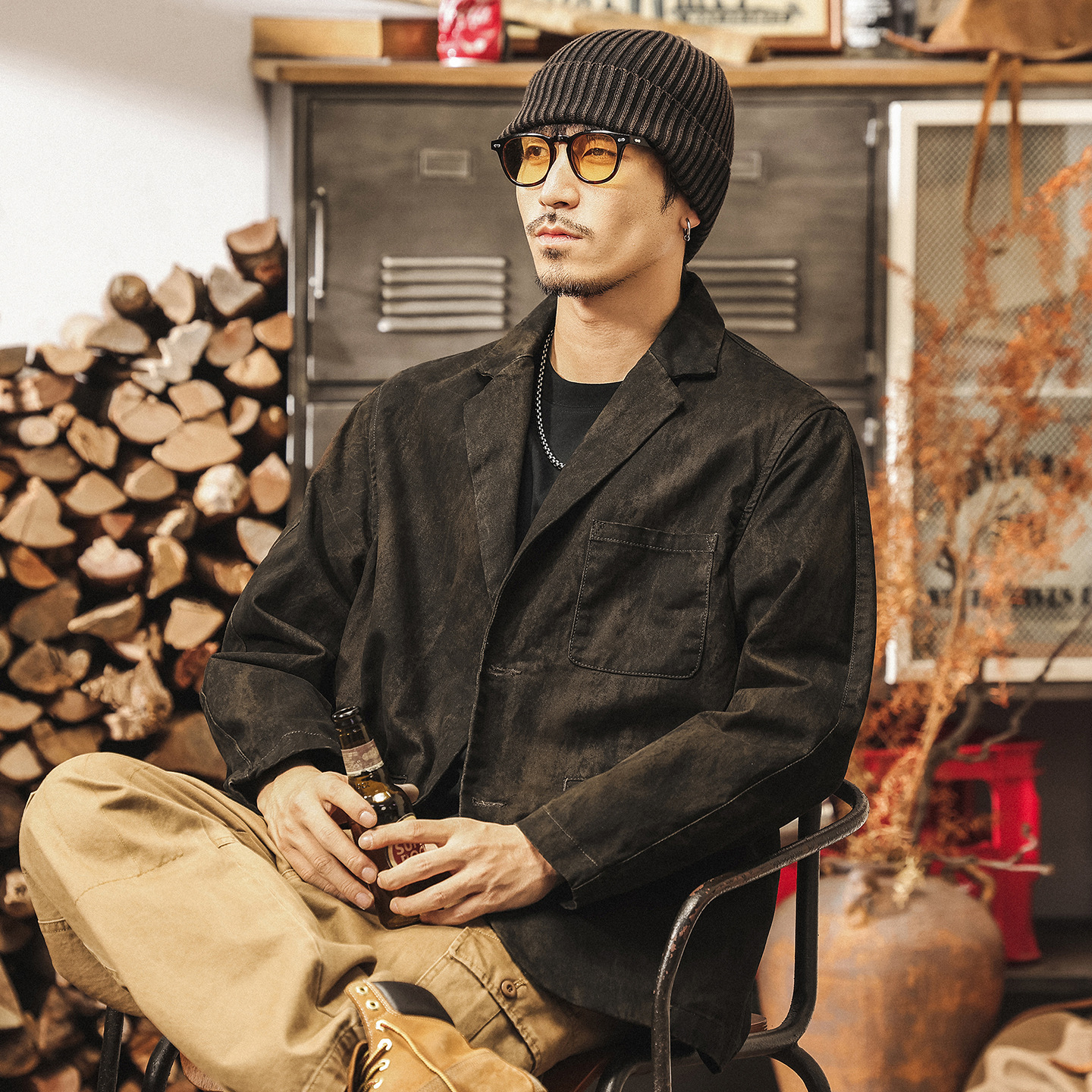 美式復古斑駁做舊西裝外套男春秋新款寬鬆工裝夾克男秋季男式西服