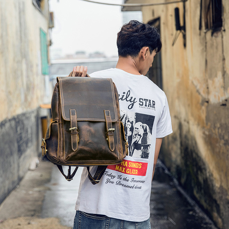 牛皮復古雙肩包男女背包日韓潮流個性背包戶外旅行電腦包休閒書包