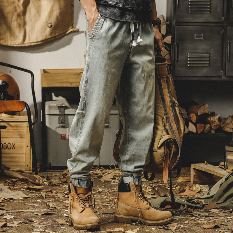 杰雷諾美式經典黃泥染牛仔褲男秋冬款寬鬆直筒復古做舊束腳休閒褲