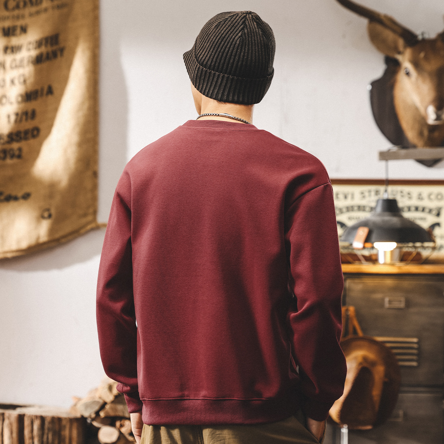 美式重磅復古酒紅色衛衣男2025秋季新款長袖t恤寬鬆大碼男裝上衣