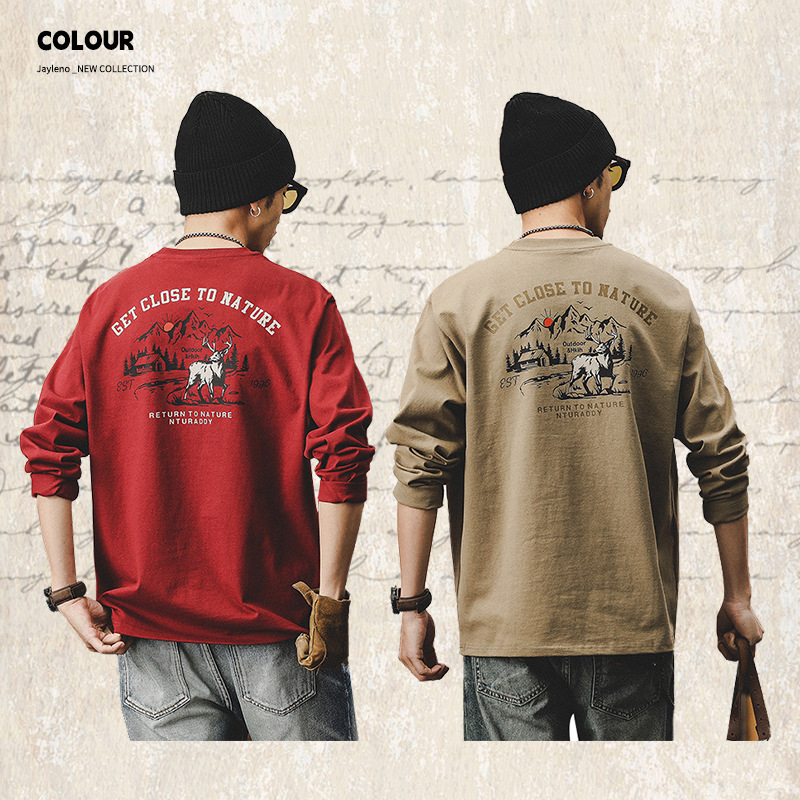 美式重磅T恤男長袖春季2024新款潮牌上衣山系印花男裝衣服男