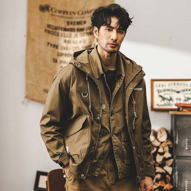 美式複古工裝夾克男春秋款潮牌軍綠色寬松上衣戶外防風連帽外套男