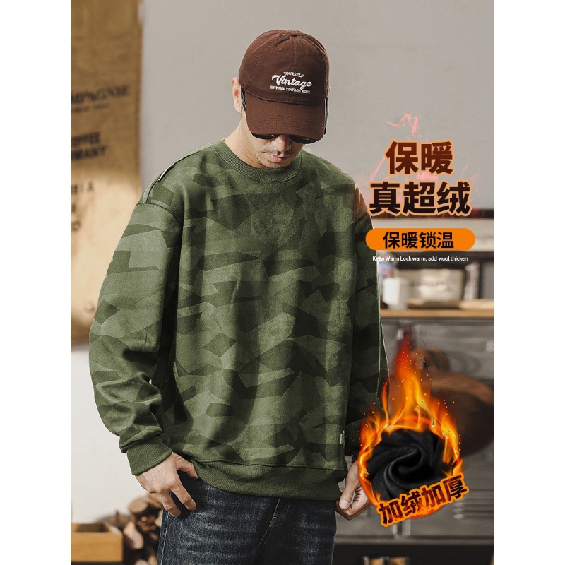 美式重磅復古麂皮絨衛衣男秋冬款潮牌寬鬆休閒加絨加厚上衣男冬季