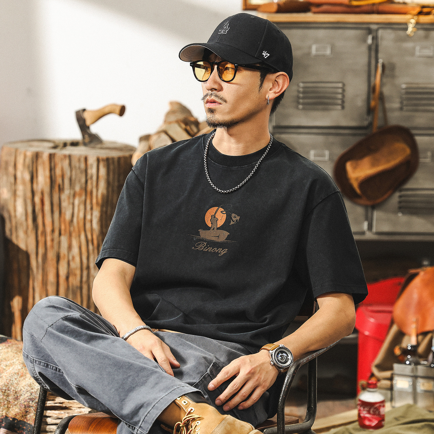 美式復古水洗做舊T恤男短袖夏季2025新款潮牌重磅寬鬆上衣男