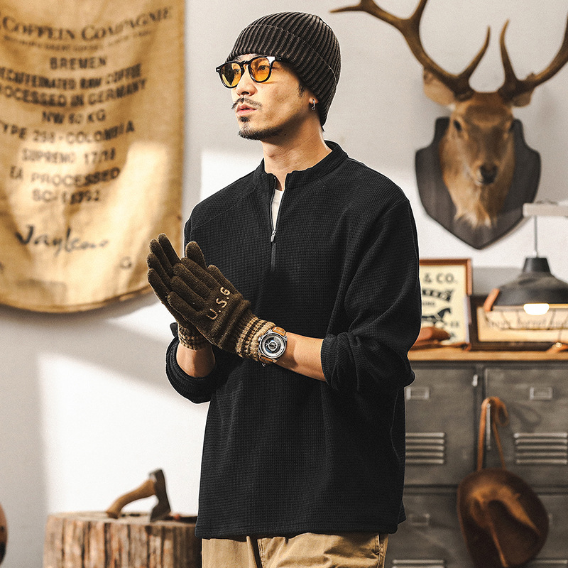 美式復古歐棉絨400g重磅衛衣男春秋長袖T恤男秋季半拉鍊寬鬆上衣