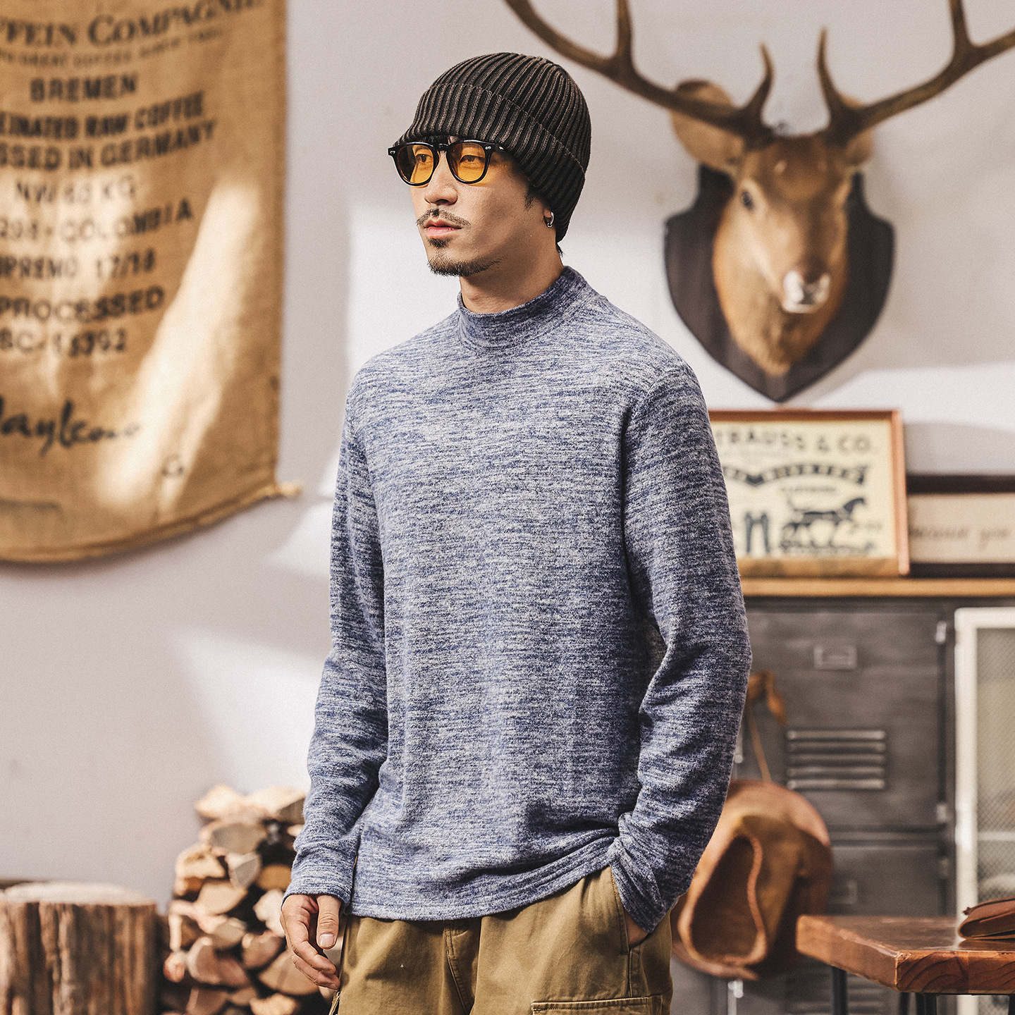 美式重磅復古半高領t恤男長袖2025新款秋季絨感親膚內搭打底衫男