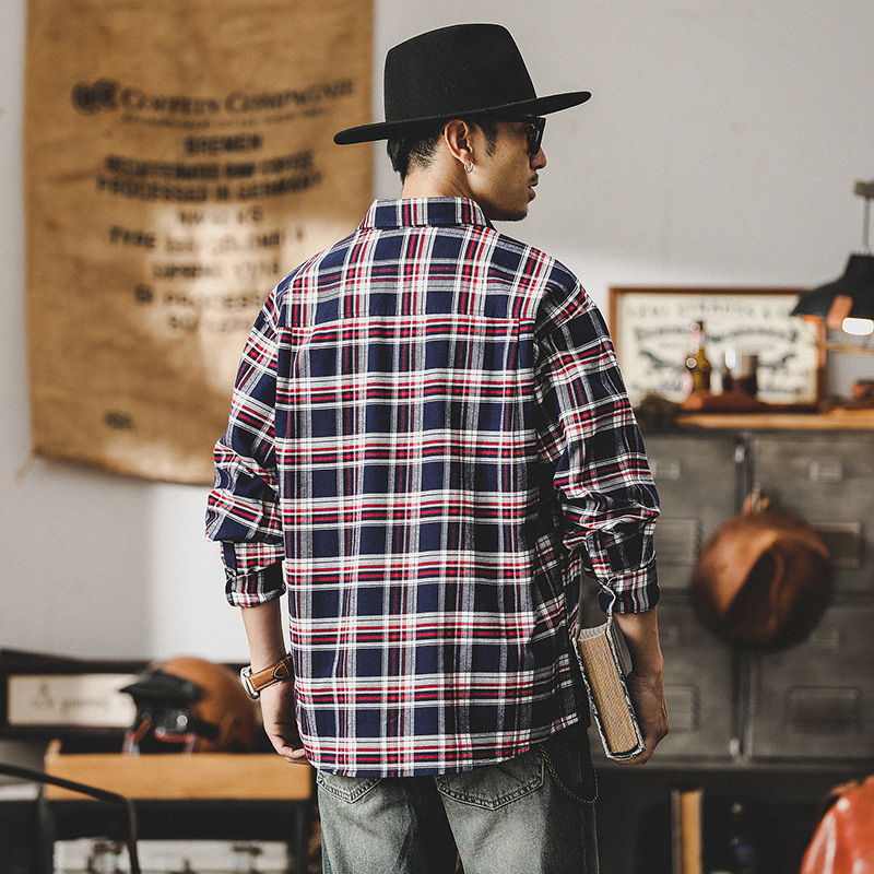 美式經典復古格子長袖襯衫男2024新款磨毛內搭英倫休閒襯衣男上衣