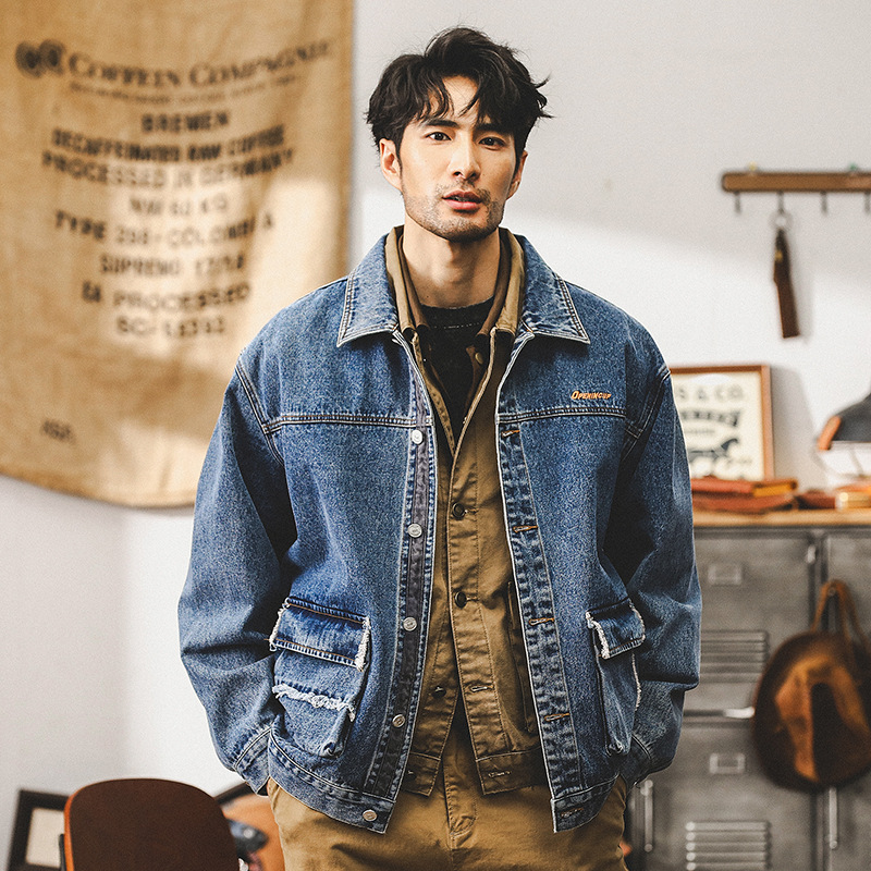 美式重磅經典復古丹寧牛仔外套男春秋寬鬆硬挺獵裝工裝夾克男秋季