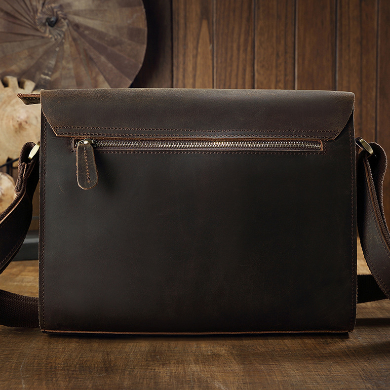 原創瘋馬皮單肩包男橫款方形真皮男包斜挎包牛皮郵差包休閒男包包