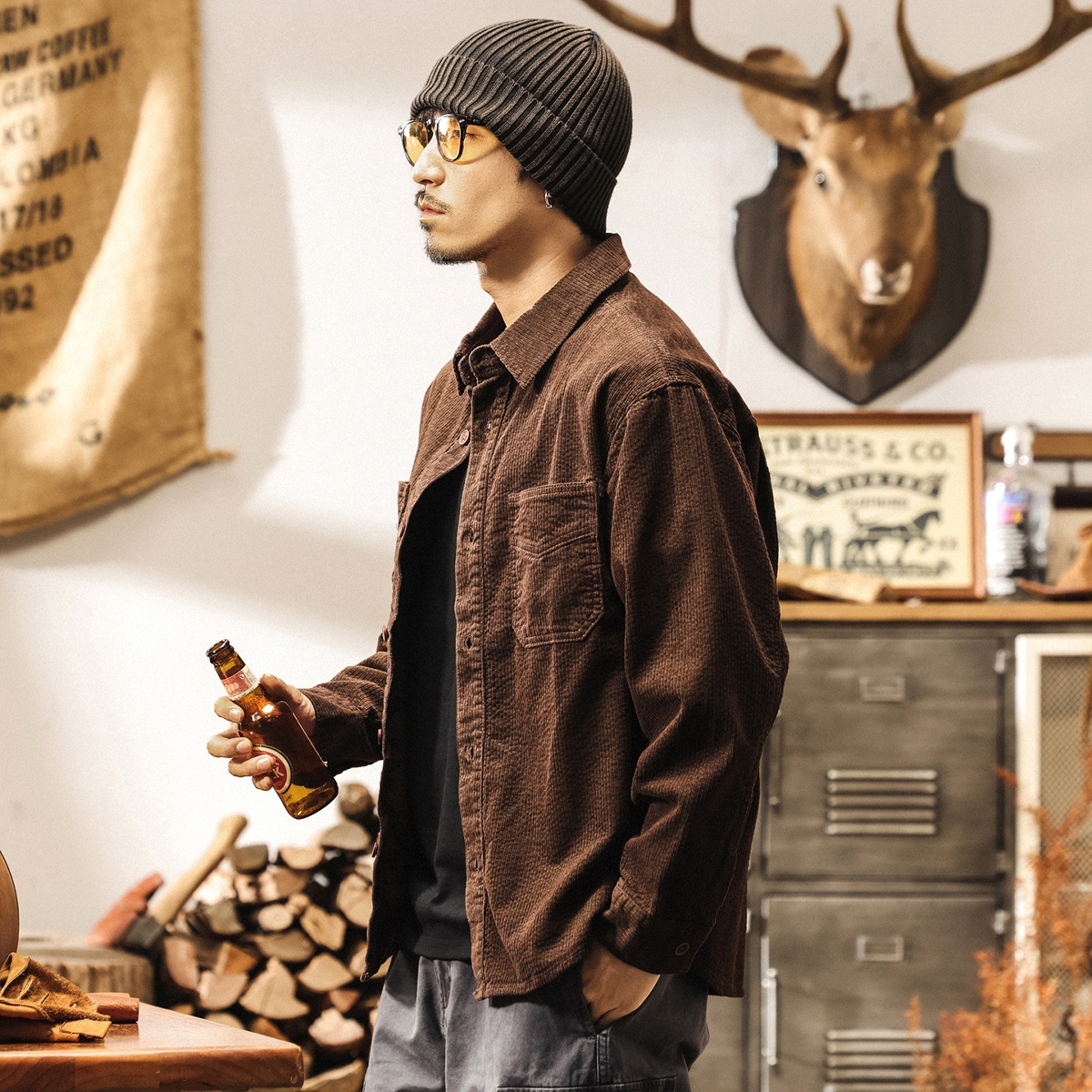 美拉德復古仿羊毛燈芯絨條紋襯衫男長袖春秋潮牌寬鬆休閒襯衣外套